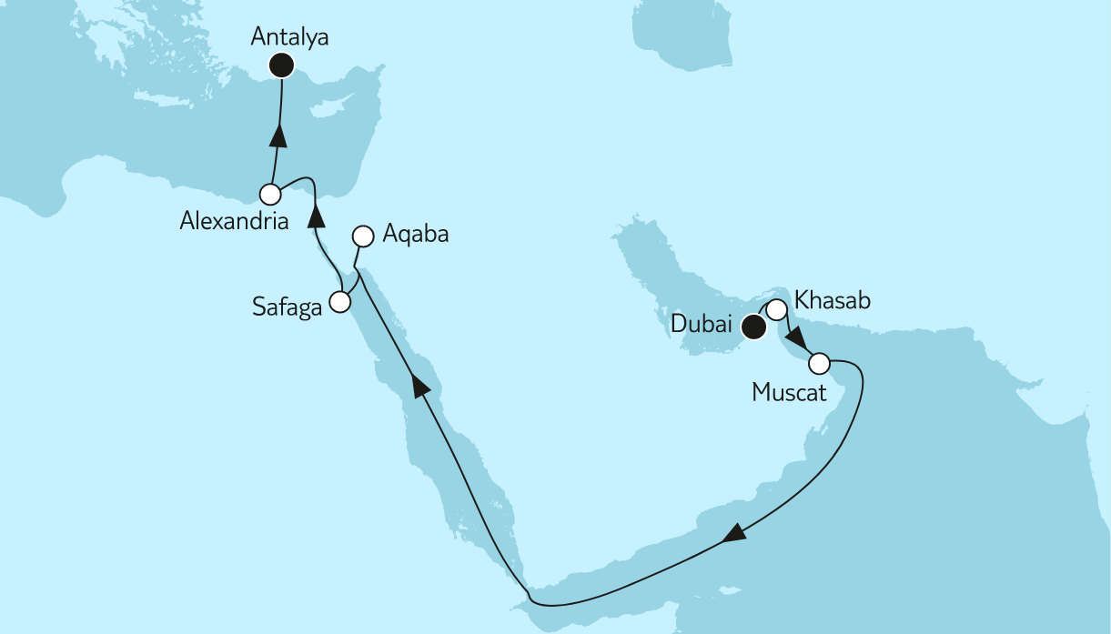 Routenbeispiel: Doha bis Östliches Mittelmeer