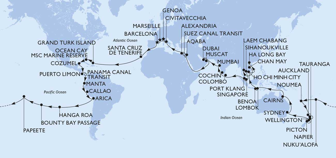 Route MSC Weltreise 2028