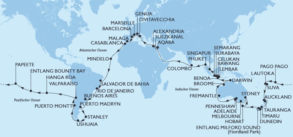 Route MSC Weltreise 2029
