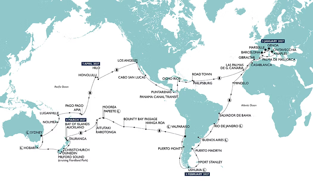 Route der MSC Weltreise 2027