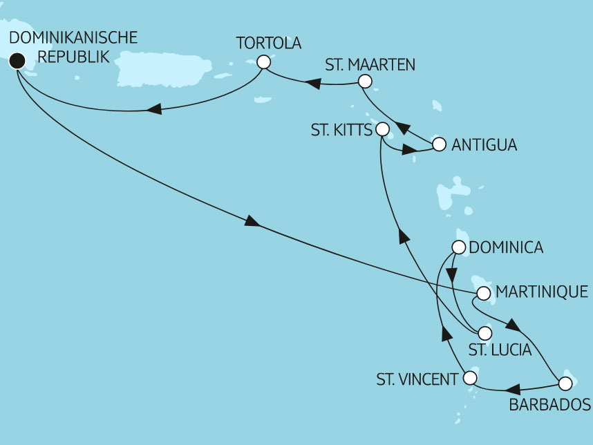 Beispielhafte Route im Karibischen Meer