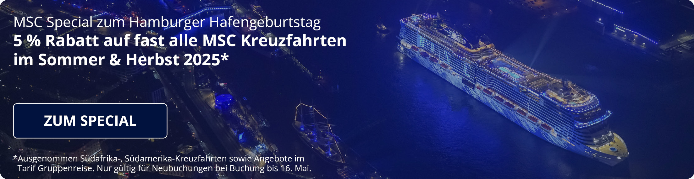 Werbebanner für die MSC 5% Rabatt-Aktion zum Hamburger Hafengeburtstag